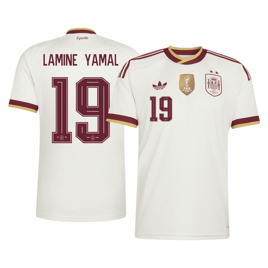 Spanien Tröja LAMINE YAMAL #19 2026 Borta Vit (2 Stjärnor)